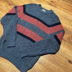 Vintage Sweaters Blue Burgundy Striped Knit Crewneck Pullover Mens Medium
